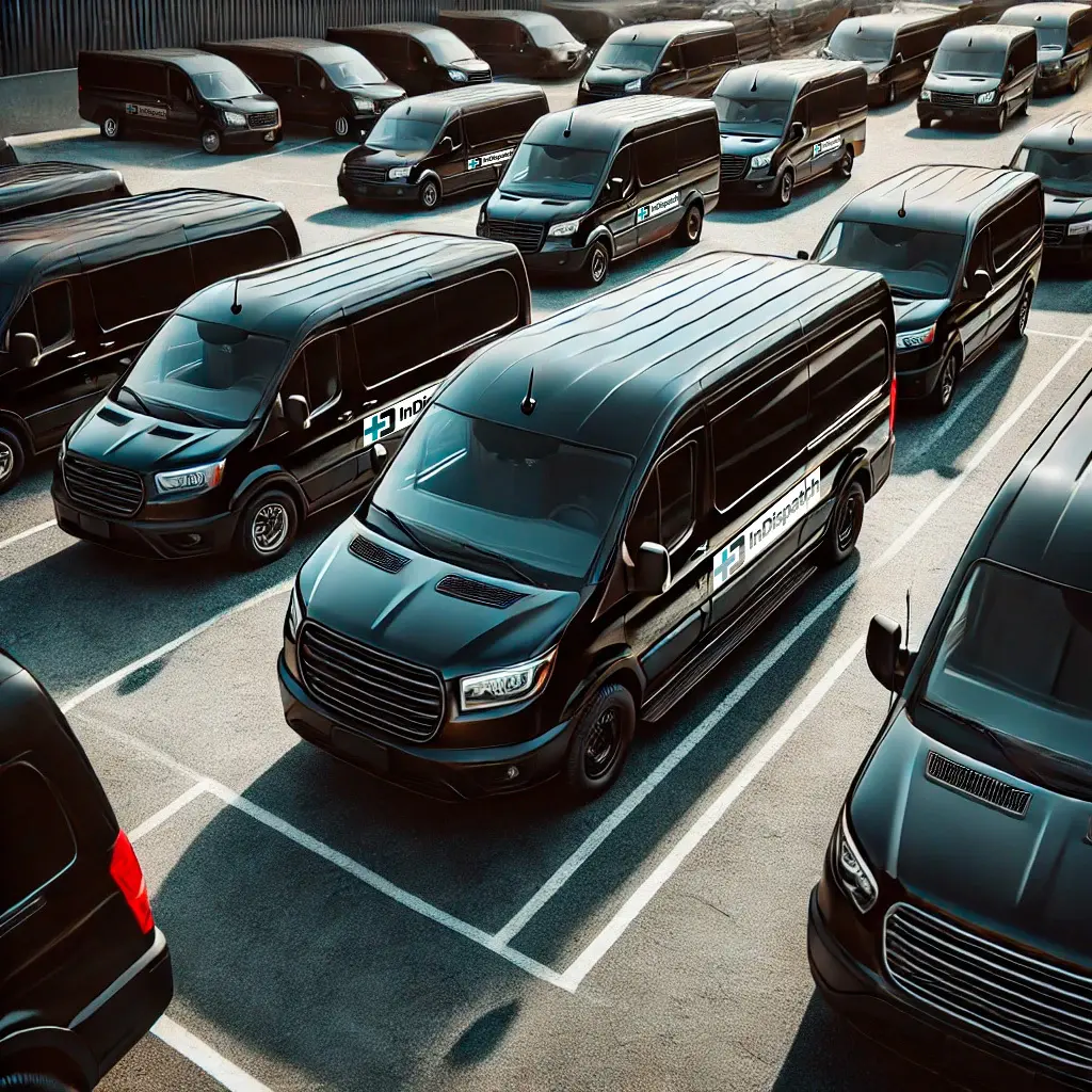 A cluster of black vans parked neatly in a spacious parking lot under clear skies.