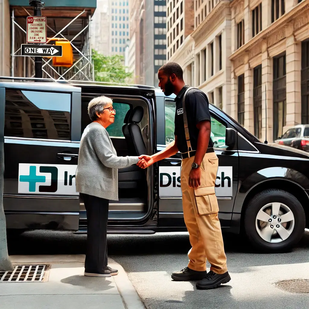 A man and a woman shake hands in front of a black van, symbolizing a professional or friendly agreement.