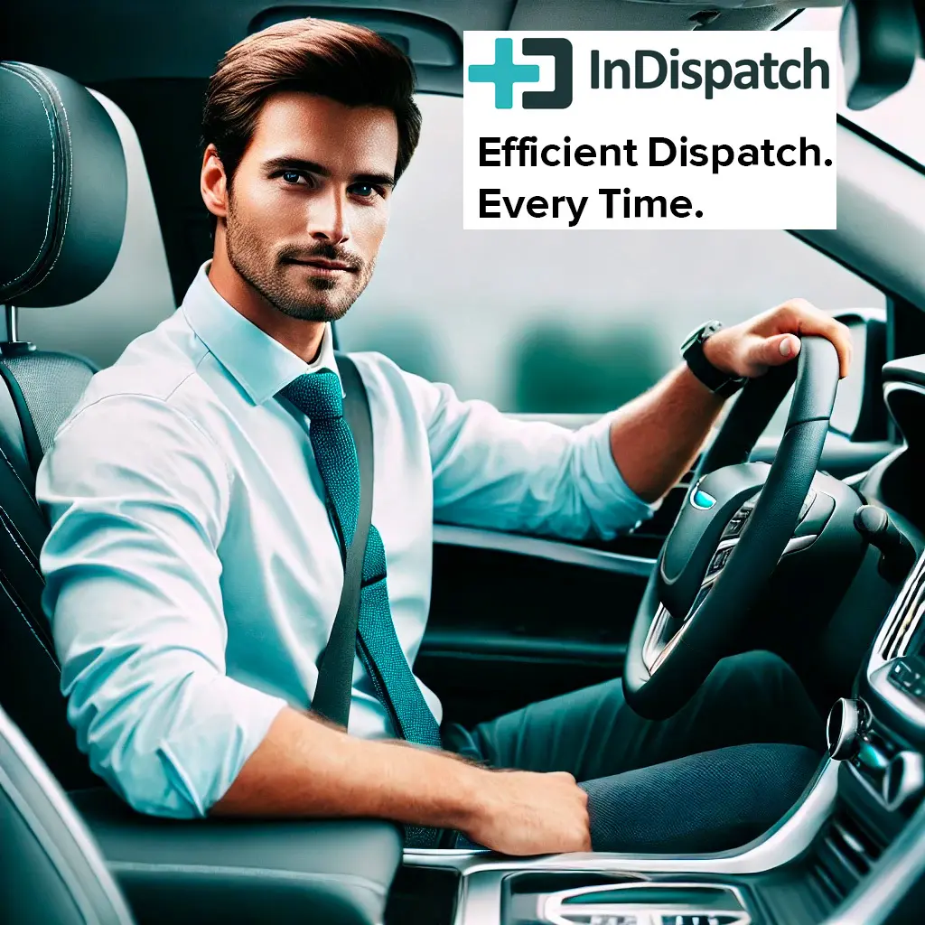 A man seated in a car's driver's seat, featuring the slogan "Indispatch: Efficient Dispatch Every Time."